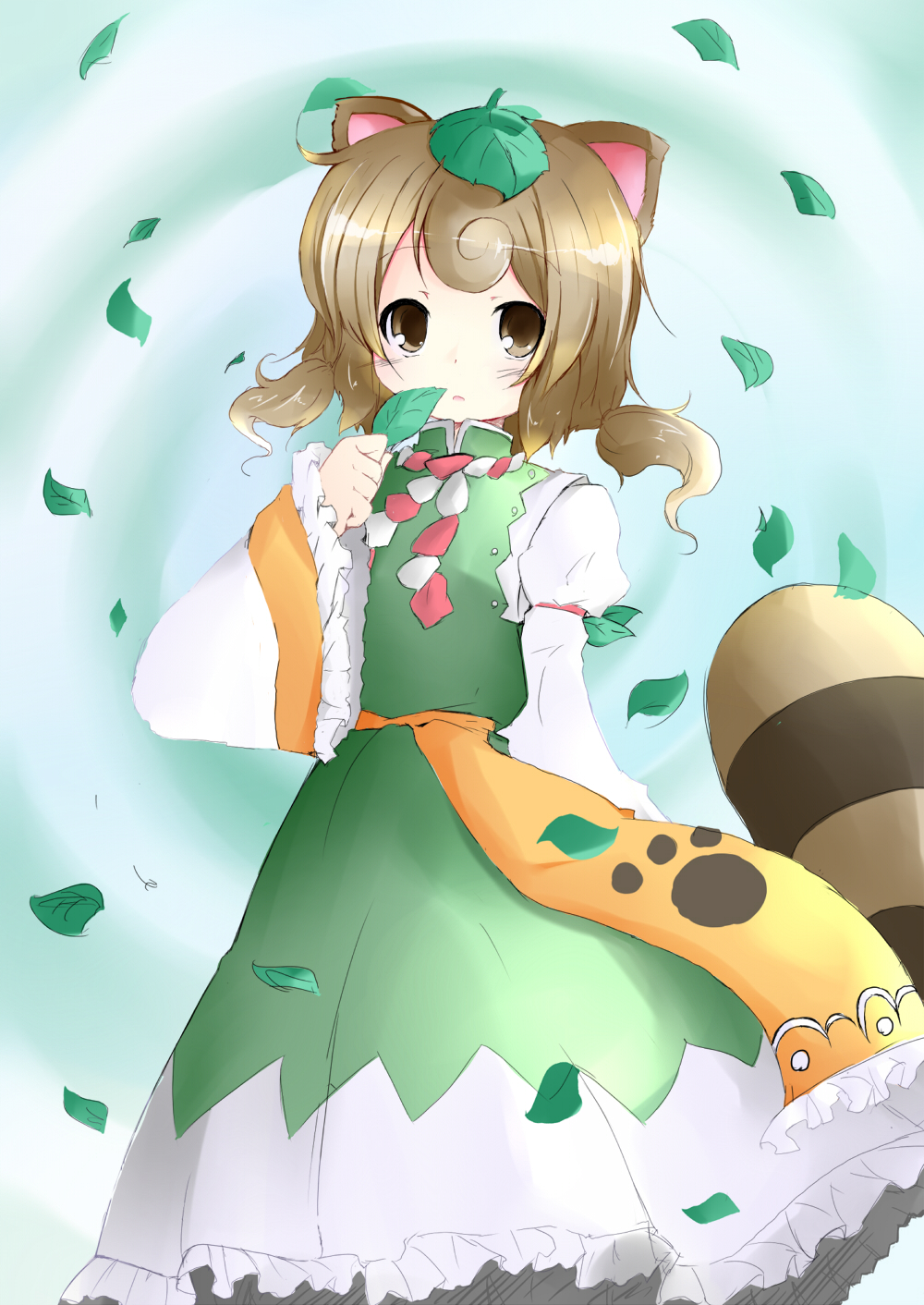 brown_eyes brown_hair dress highres leaf leaf_on_head midori_roku original raccoon_ears raccoon_tail roku_(touhou) shichinose solo tail tanuki touhou twintails wind