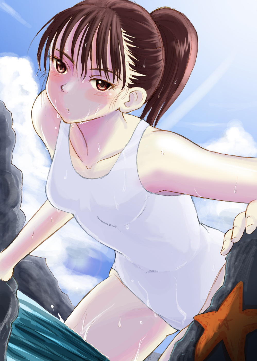 brown_eyes brown_hair highres leaning_forward long_hair one-piece_swimsuit original ponytail pt@i rock solo starfish swimsuit wading wet white_swimsuit