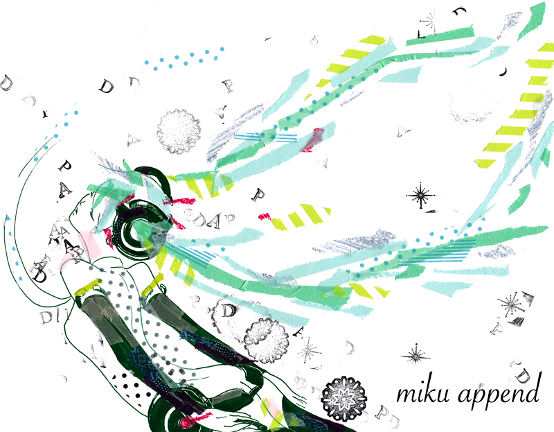abstract aqua_hair ass belt closed_eyes collage elbow_gloves fingerless_gloves floating gloves hatsune_miku hatsune_miku_(append) long_hair miku_append puzzle_(vocaloid) solo syoring traditional_media twintails very_long_hair vocaloid vocaloid_append