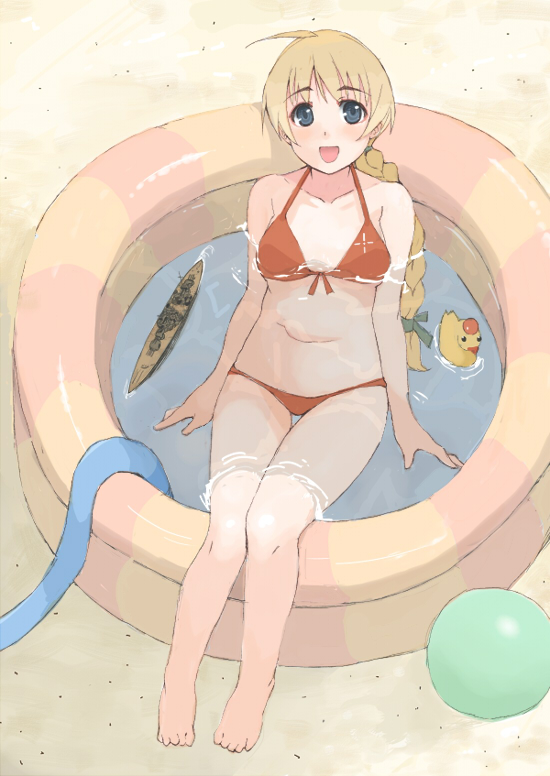 barefoot battleship bikini blonde_hair bow braid chinchilla front-tie_top hair_bow lynette_bishop pool rubber_duck ship strike_witches swimsuit wading_pool