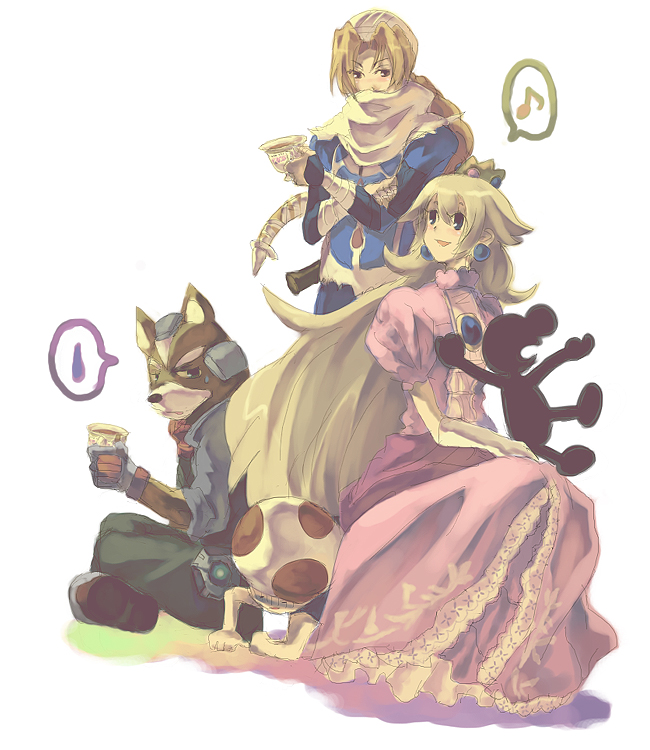 blonde_hair blue_eyes crown cup dress earrings fox_mccloud furry gloves human_chair human_furniture jewelry long_dress long_hair mr._game_&amp;_watch musical_note nintendo princess_peach princess_zelda red_eyes reverse_trap sheik sitting sitting_on_person smile star_fox super_mario_bros. super_smash_bros. tea the_legend_of_zelda toad