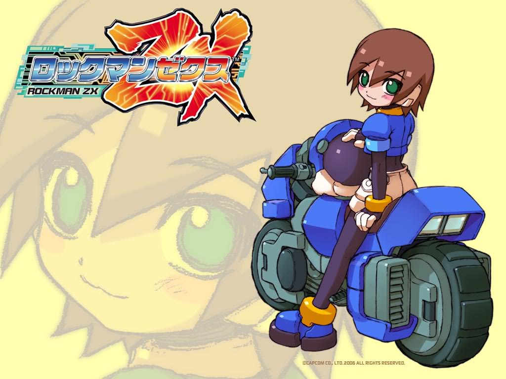 :3 aile bicycle blush brown_hair green_eyes helmet official_art rockman rockman_zx shorts