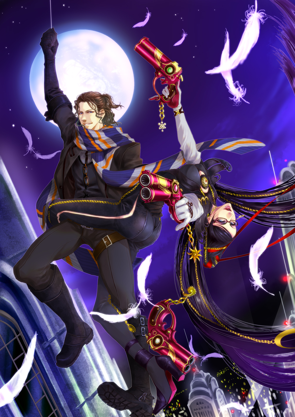 amulet arched_back ass bayonetta bayonetta_(character) belt black_hair blue_eyes bodysuit boots breasts brown_hair building cleavage cleavage_cutout dual_wielding earrings elbow_gloves feathers glasses gloves gun hair_bun hair_ornament hair_ribbon high_heels highres holding jacket jewelry leg_lock long_hair luka mole moon night night_sky ribbon rui_yuda scarf shoes skin_tight sky smile star swing thigh_strap very_long_hair weapon