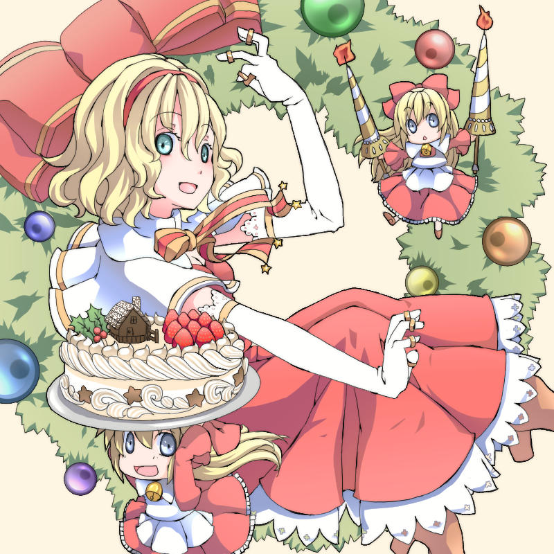 1girl alice_margatroid alternate_color apron arm_up blonde_hair blue_eyes bow cake candle capelet carrying_overhead christmas_ornaments dress elbow_gloves food fruit gloves headband high_heels holly karamo_(c_karamomo) knees_up lance long_hair looking_at_viewer outstretched_arm polearm puppet_rings shanghai_doll short_hair side_glance simple_background solo strawberry touhou waist_apron weapon white_background wreath