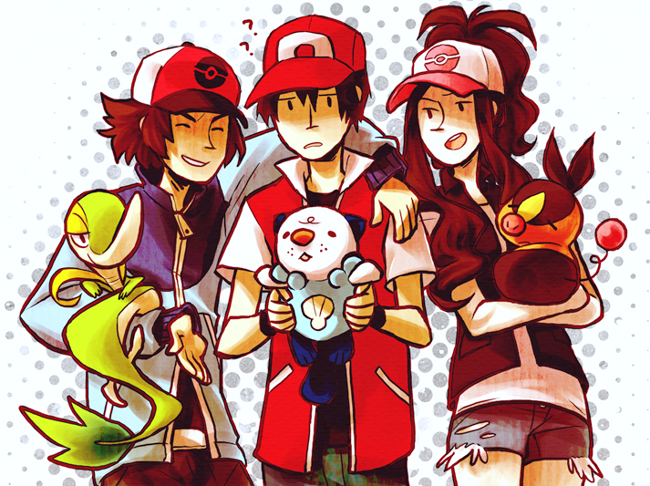 ? baseball_cap blue-fox brown_hair hat multiple_boys oshawott pokemon pokemon_(creature) pokemon_(game) pokemon_black_and_white pokemon_bw ponytail red_(pokemon) snivy tepig touko_(pokemon) touya_(pokemon)