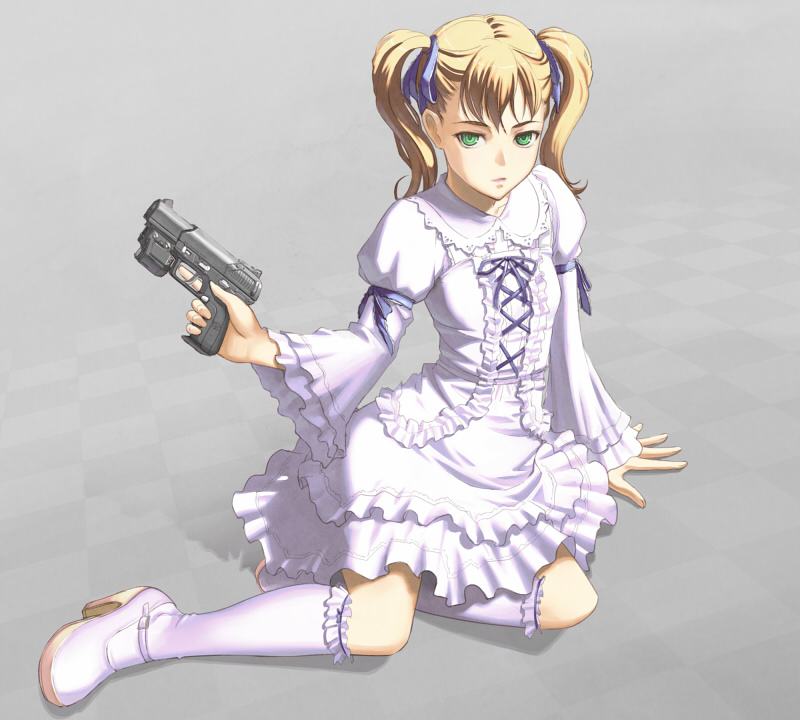 dress fn_five-seven frills green_eyes gun handgun laser_sight lolita_fashion mary_janes pistol shoes sitting tan_taka twintails weapon