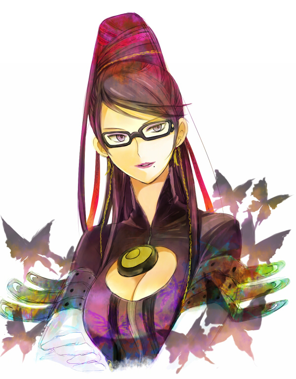 bayonetta bayonetta_(character) black_hair bodysuit breasts butterfly cleavage cleavage_cutout cocoa77 crossed_arms earrings elbow_gloves glasses gloves grey_eyes hair_bun hair_ribbon jewelry lipstick mole purple_lipstick ribbon simple_background solo