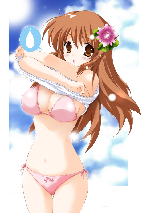 :o bikini breasts brown_eyes brown_hair flower hair_flower hair_ornament large_breasts long_hair navel photoshop shirt_lift side-tie_bikini suzumiya_haruhi_no_yuuutsu sweatdrop swimsuit tsukishima_kai undressing