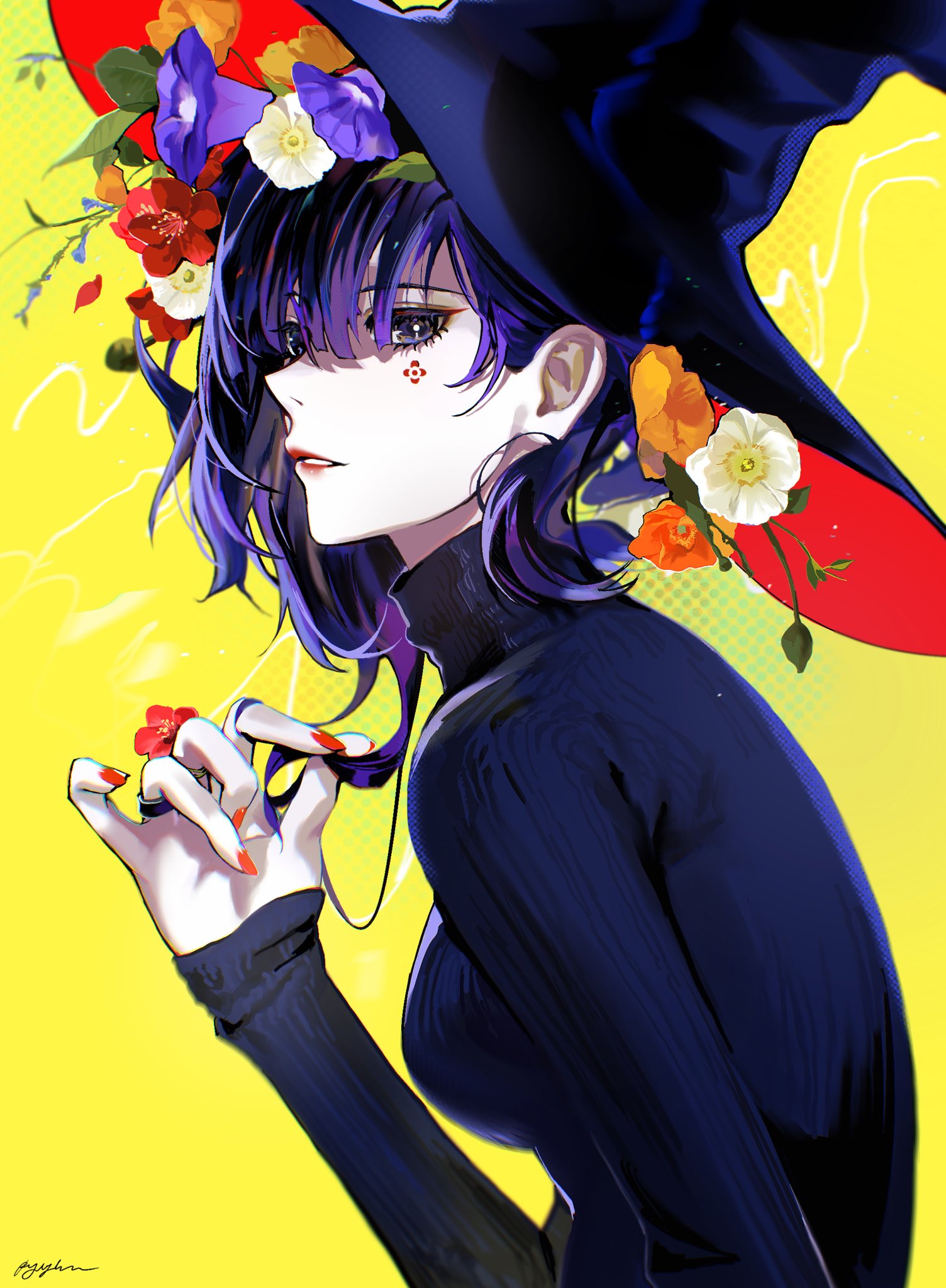 1girl aimitkkays bangs black_headwear black_sweater blue_flower breasts bud commentary english_commentary eyelashes facial_mark flower from_side hair_behind_ear hair_flower hair_ornament hair_over_eyes hand_up hat highres holding holding_hair hunched_over jewelry long_hair long_sleeves looking_at_viewer looking_to_the_side morning_glory orange_flower original parted_lips petals purple_flower purple_hair red_flower red_lips red_nails ring sideways_glance sleeves_past_wrists solo sweater turtleneck turtleneck_sweater two-sided_fabric two-sided_headwear violet_eyes white_flower witch witch_hat yellow_background