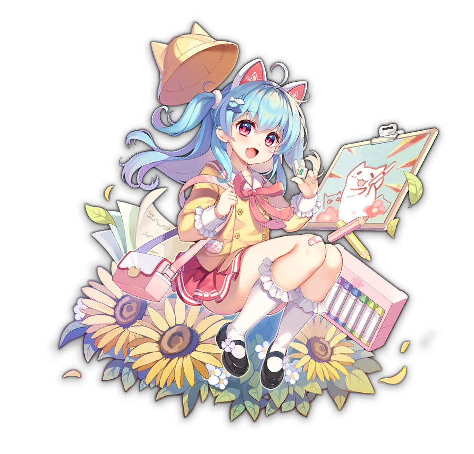 1girl animal_ears artist_request bag bandaid bandaid_on_knee bandaid_on_leg black_footwear blue_eyes cat_ears child colored_pencil drawing_board flower game_cg hair_ornament handbag hat holding holding_bag igarashi_haruna leaf looking_at_viewer mahjong mahjong_soul neckerchief official_art paper pencil petals pink_neckerchief red_eyes red_skirt school_hat scrunchie simple_background skirt solo sunflower tenbou third-party_source transparent_background white_flower yellow_headwear yostar