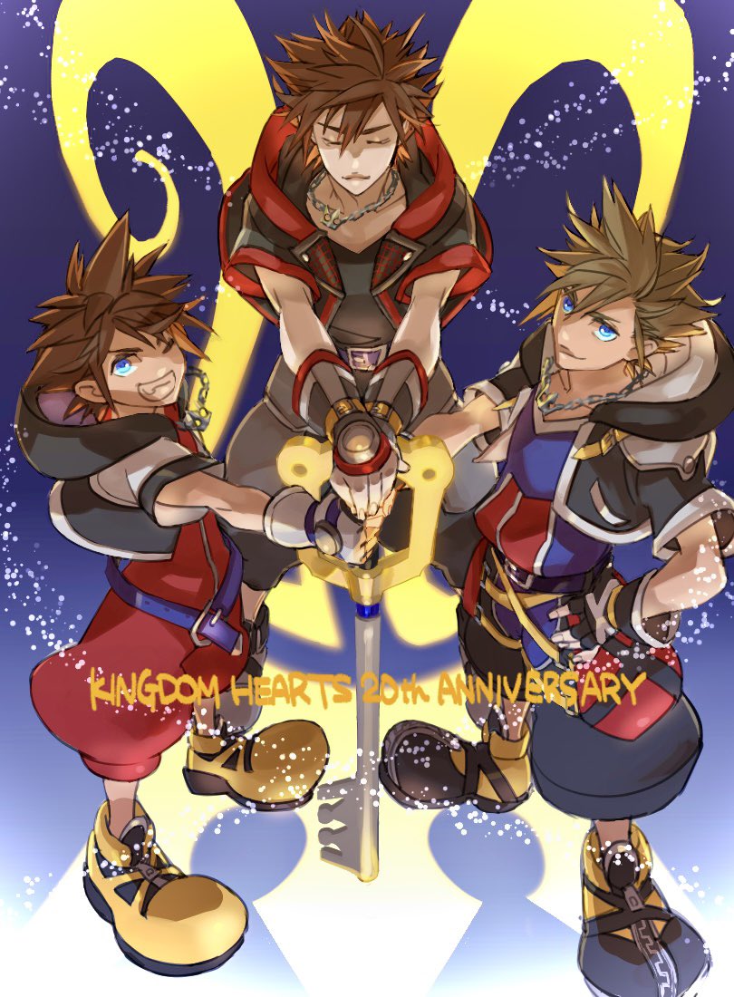 3boys anniversary bag belt blue_eyes brown_hair closed_eyes crown_(symbol) fingerless_gloves gloves hand_on_hip hood hoodie jacket jewelry keyblade kingdom_hearts kingdom_hearts_i kingdom_hearts_ii kingdom_hearts_iii kingdom_key looking_at_viewer loose_belt multiple_boys multiple_persona necklace ryouto satchel smile sora_(kingdom_hearts) spiky_hair weapon