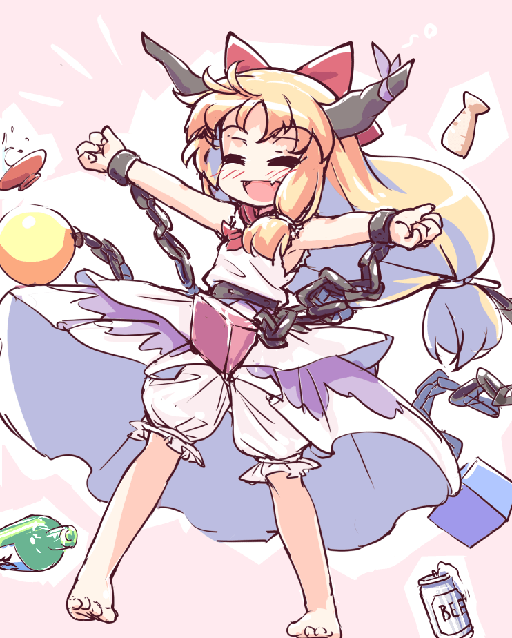 1girl :d bangs barefoot beer_can bloomers bow can closed_eyes cube cuffs cup eyebrows_visible_through_hair facing_viewer fang full_body glass_bottle hair_bow horn_ornament horn_ribbon horns ibuki_suika isu_(is88) long_hair low-tied_long_hair open_mouth orange_hair orb purple_skirt pyramid red_bow ribbon sakazuki shackles shirt skin_fang skirt smile solo tokkuri torn_clothes torn_sleeves touhou underwear white_shirt