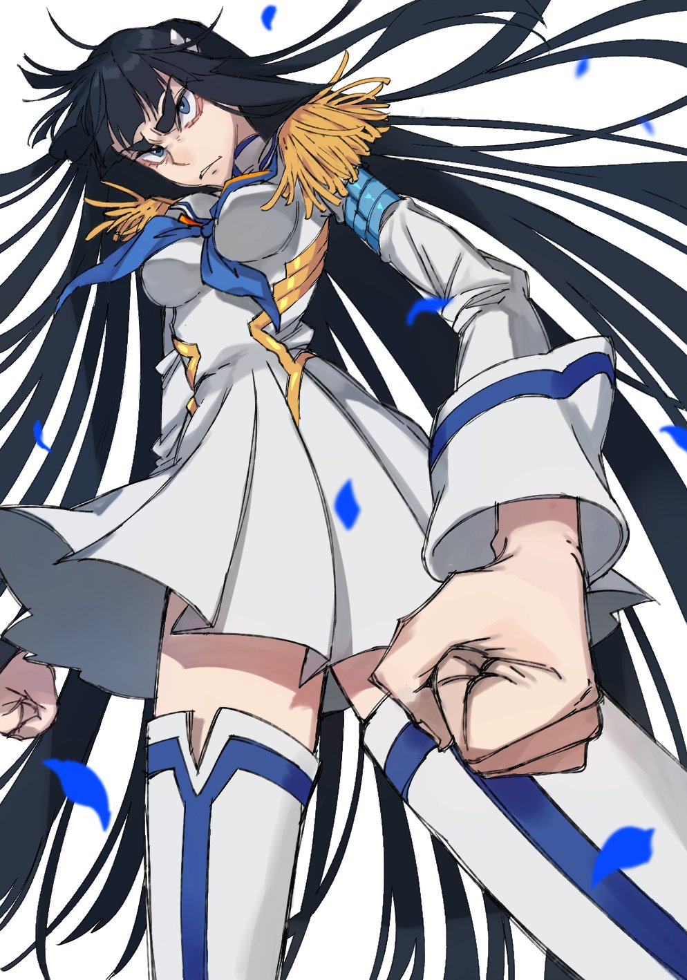 1girl angry black_hair blue_eyes blue_neckwear clenched_hands highres impossible_clothes junketsu kill_la_kill kiryuuin_satsuki long_hair parted_lips petals solo teeth urkt_10 very_long_hair