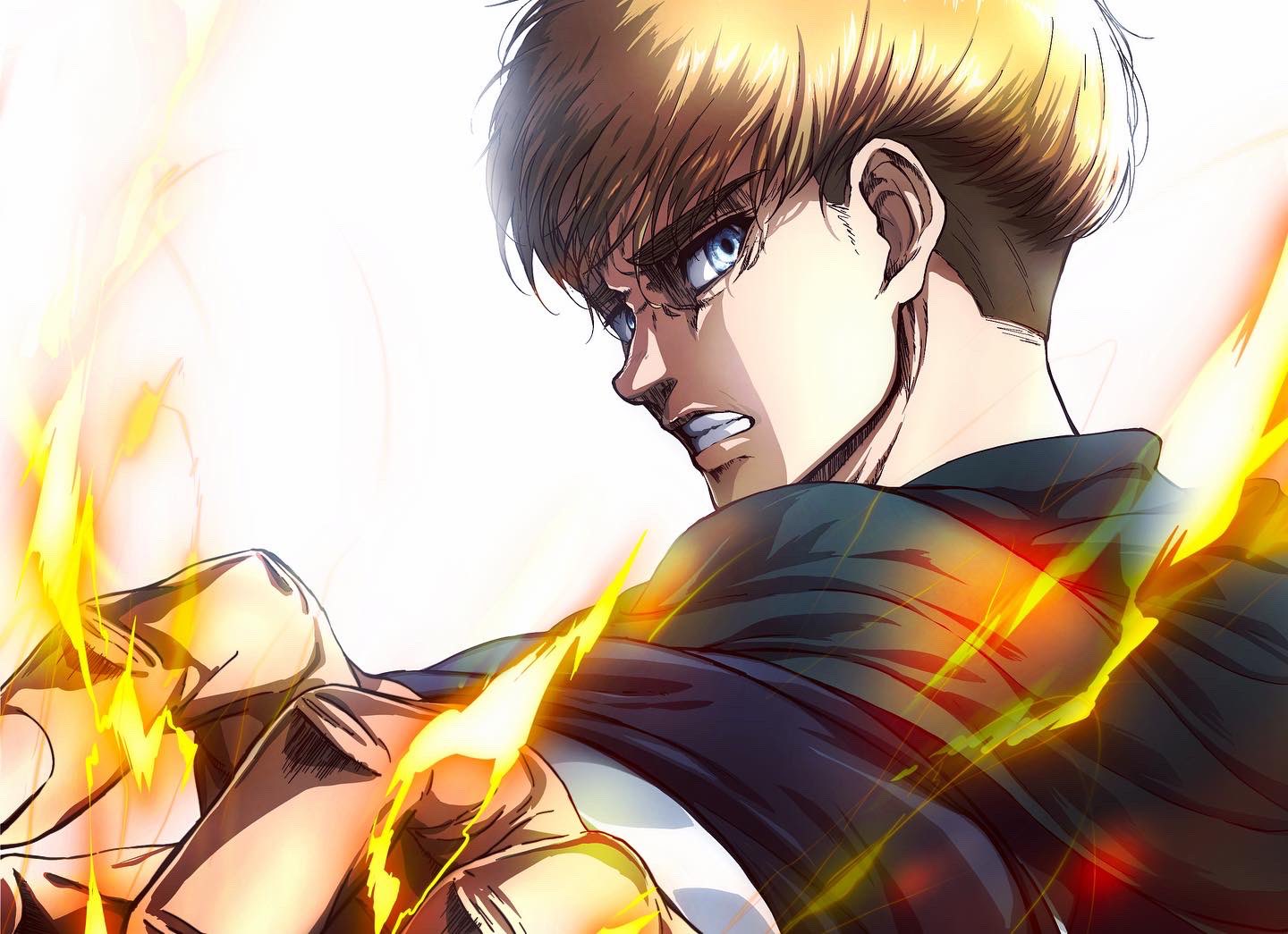 1boy armin_arlert backlighting blonde_hair blue_eyes clenched_teeth daisx_(dais0115) electricity foreshortening looking_at_viewer male_focus official_style perspective sad shingeki_no_kyojin short_hair solo spoilers teeth thick_eyebrows undercut upper_body