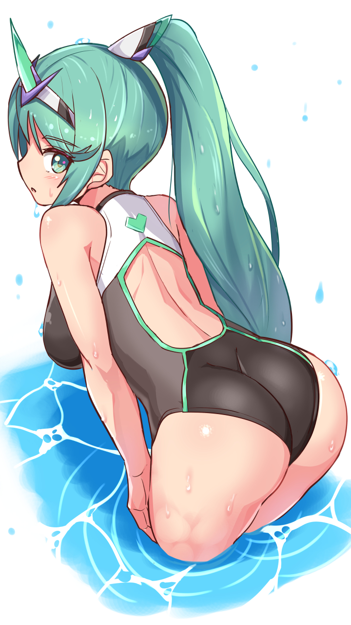 1girl bangs breasts cougar_(cougar1404) green_eyes green_hair highres horn_ornament horns large_breasts long_hair one-piece_swimsuit pneuma_(xenoblade) ponytail single_horn solo swept_bangs swimsuit tiara very_long_hair water xenoblade_chronicles_(series) xenoblade_chronicles_2