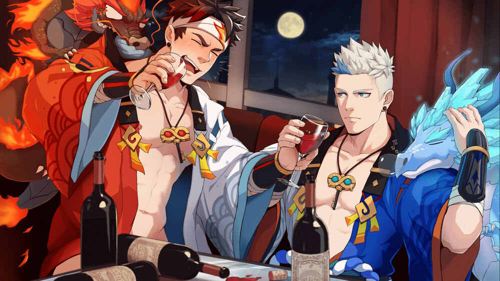 2boys abs alcohol angry bandages bare_pectorals black_hair blue_hair blush bottle brothers building buzz_cut closed_eyes couch cup dragon drinking_glass drunk ear_piercing fire gauntlets glass_bottle grancy_(gyee) gyee headband ice japanese_clothes jewelry key kimono looking_at_another male_focus moon multiple_boys muscular muscular_male necklace night night_sky nipples official_art pectorals piercing redhead short_hair siblings sitting sky sleeping smile sven_(gyee) table twins upper_body very_short_hair white_hair wine wine_bottle wine_glass yukata zifu