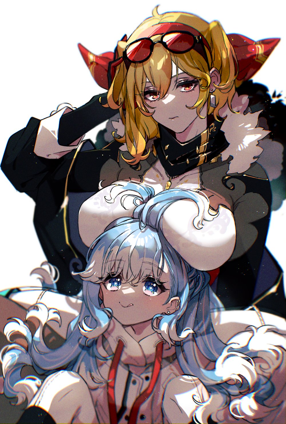 2girls antenna_hair black_coat blonde_hair blue_eyes breast_rest breasts breasts_on_head closed_mouth coat commentary cowlick dress ear_piercing earrings expressionless eyebrows_visible_through_hair eyewear_on_head feet_out_of_frame fur-trimmed_coat fur_trim hair_between_eyes hair_ribbon hairband hand_on_own_head highres hololive hololive_indonesia hooded_coat indian_style jewelry kaela_kovalskia knees_to_chest kobo_kanaeru large_breasts licking_lips light_blue_hair long_hair long_sleeves looking_at_viewer looking_up mamaloni multicolored_hair multiple_girls necklace orange_eyes piercing red-tinted_eyewear red_hairband red_ribbon ribbon simple_background sitting sitting_on_lap sitting_on_person smile sunglasses symbol-only_commentary tinted_eyewear tongue tongue_out two-tone_hair two_side_up virtual_youtuber wavy_hair white_background white_coat white_dress white_hair