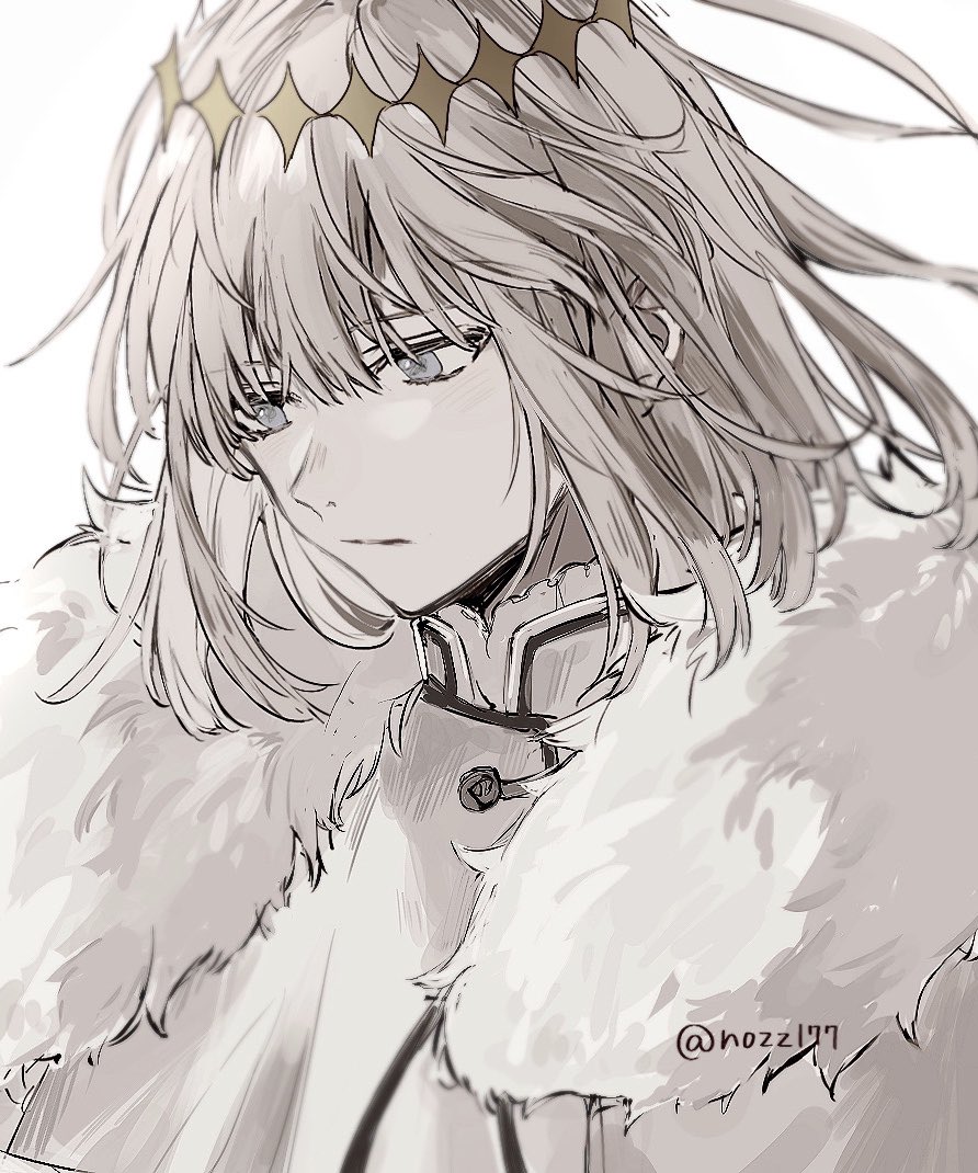 1boy bangs blue_eyes cape commentary_request crown diamond_hairband face fate/grand_order fate_(series) fur_collar fur_trim grey_hair light_blush looking_away male_focus medium_hair no_wings nozz177 oberon_(fate) official_alternate_costume simple_background solo twitter_username upper_body white_background white_cape white_fur white_hair