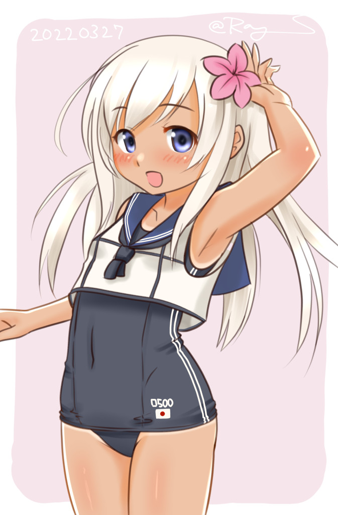 1girl black_swimsuit blonde_hair blue_eyes blue_sailor_collar character_name commentary_request cowboy_shot crop_top dated flat_chest flower hair_flower hair_ornament kantai_collection long_hair one-hour_drawing_challenge one-piece_tan ray.s ro-500_(kancolle) sailor_collar school_swimsuit solo standing swimsuit swimsuit_under_clothes tan tanlines twitter_username