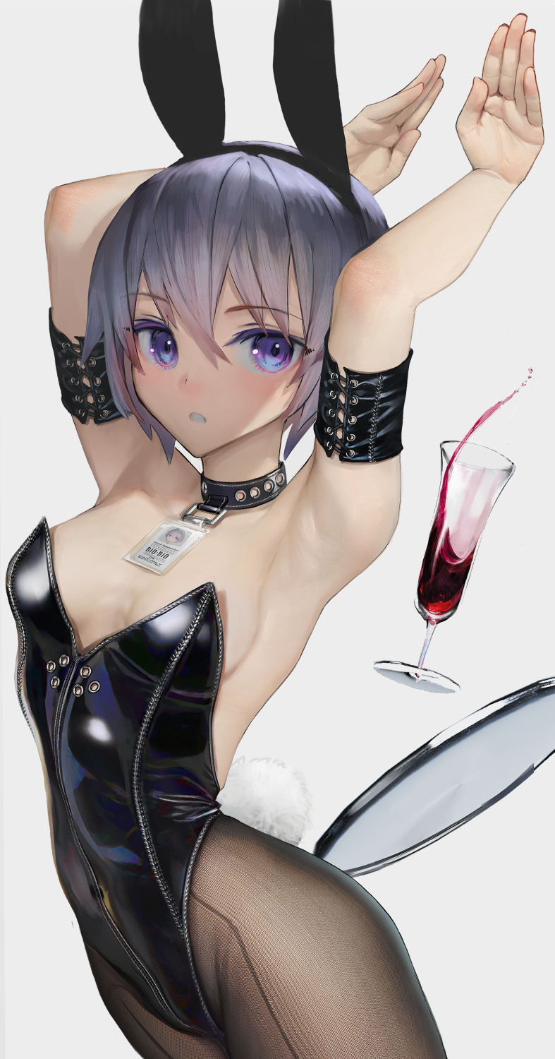 1girl animal_ears arms_up black_leotard breasts collar commentary_request covered_navel cup drinking_glass eyebrows_visible_through_hair fake_animal_ears fake_tail highres id_card leotard looking_at_viewer nyatabe original pantyhose playboy_bunny purple_hair rabbit_ears rabbit_tail short_hair small_breasts solo strapless strapless_leotard tail tray violet_eyes