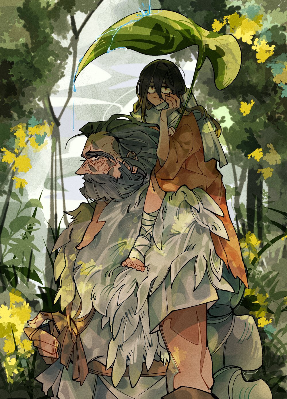 2boys bandaged_foot bandages barefoot beard black_eyes black_hair braid carrying drenched-in-sunlight facial_hair father_and_son forest great_shinobi_owl grey_hair hair_between_eyes highres holding holding_leaf jitome leaf long_hair looking_at_viewer looking_to_the_side male_focus multiple_boys nature old old_man red_eyes sanpaku sash sekiro sekiro:_shadows_die_twice shoulder_carry stirrup_legwear toeless_legwear very_long_hair younger