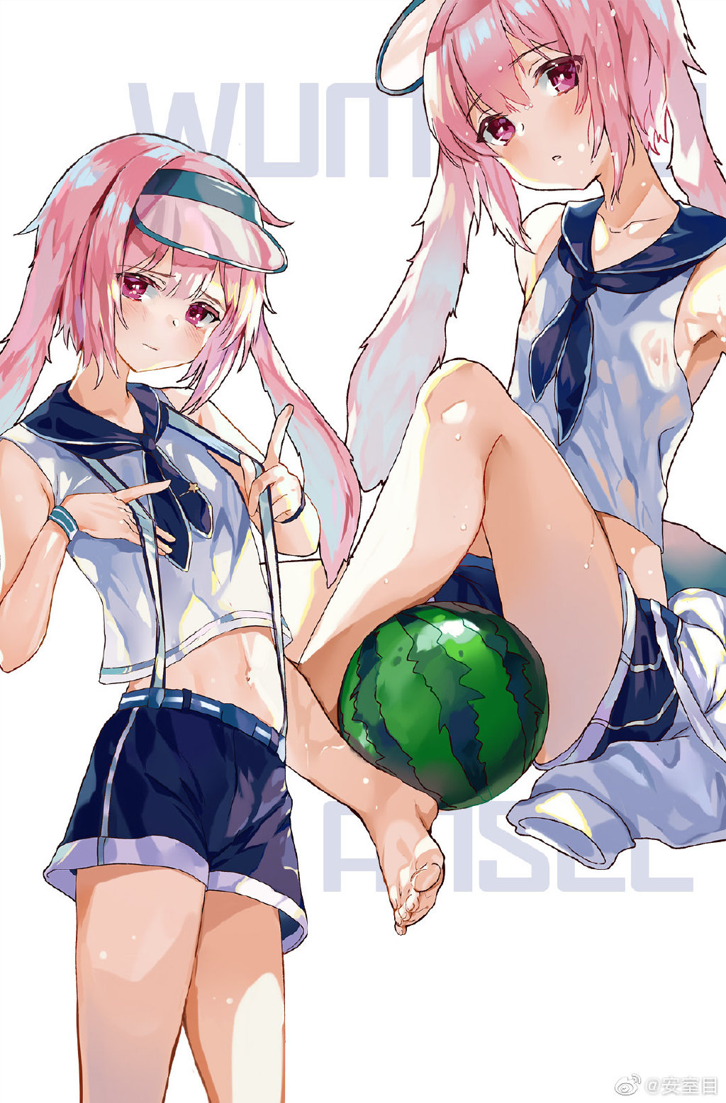 1boy animal_ears ansel_(arknights) ansel_(casual_vacation)_(arknights) arknights artist_name barefoot blue_headwear blue_sailor_collar blue_shorts blue_wristband blush character_name floppy_ears food fruit highres jacket jacket_removed knee_up looking_at_viewer male_focus medium_hair midriff multiple_views navel official_alternate_costume otoko_no_ko pink_eyes pink_hair rabbit_ears sailor_collar shirt shorts simple_background sitting solo visor_cap watermelon wet white_background white_shirt wumumu