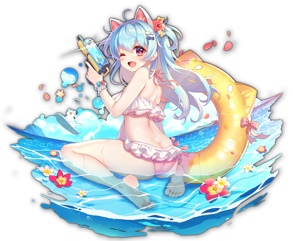 1girl ahoge animal_ears artist_request ass bikini blue_hair bow bracelet butt_crack cat cat_ears child eyebrows_visible_through_hair fang flower flower_on_liquid game_cg hair_flower hair_ornament holding holding_water_gun igarashi_haruna jewelry kneeling looking_at_viewer looking_back mahjong_soul official_art petals pink_bikini pink_bow red_eyes skin_fang solo surfboard surfing swimsuit third-party_source transparent_background water water_gun yostar