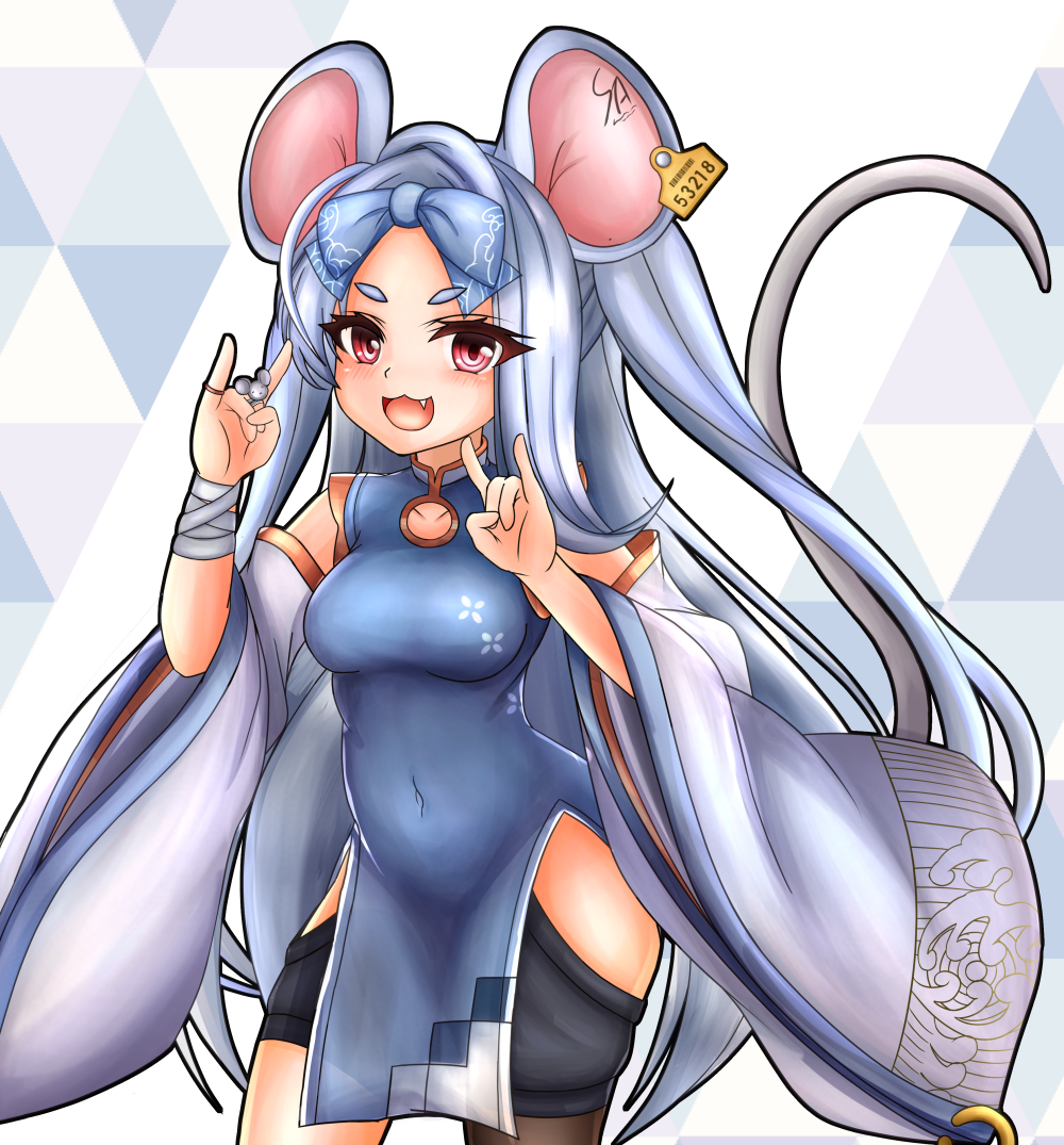 1girl absurdly_long_hair animal animal_ears blue_archive blue_bow blue_dress bow china_dress chinese_clothes dashimoro detached_sleeves dress ear_tag eyebrows fang jewelry long_hair looking_at_viewer mouse mouse_ears mouse_girl mouse_tail open_clothes pantyhose pantyhose_around_one_leg red_eyes ring saya_(blue_archive) smile tail very_long_hair