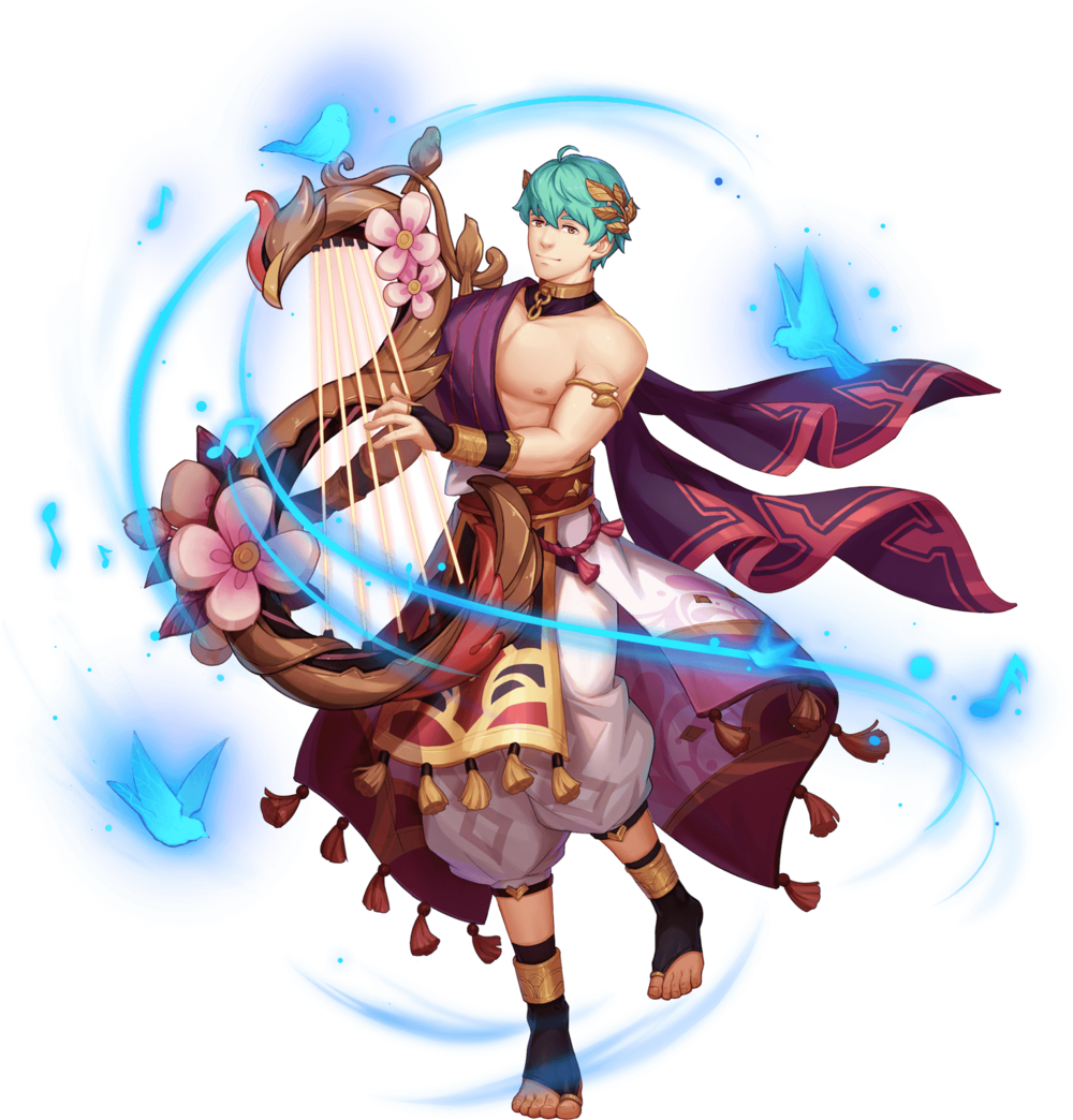 1boy anklet armband artist_request bare_pectorals belt biceps bird blue_hair bracelet chain collar flower gany_(gyee) gyee harem_pants harp instrument jewelry laurel_crown loincloth looking_at_viewer male_focus music notes official_art pants pectorals playing_instrument skirt smile solo toga transparent_background yellow_eyes