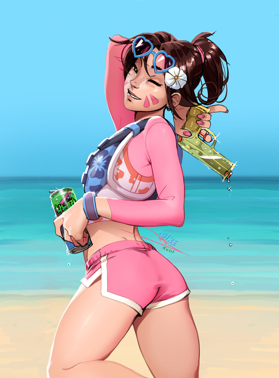 1girl ;) alternate_hairstyle artist_name ass bangs beach blue_sky bracelet breasts brown_eyes brown_hair can commentary d.va_(overwatch) day earrings english_commentary eyewear_on_head facepaint facial_mark finger_on_trigger fingernails flower grin hair_flower hair_ornament heart heart-shaped_eyewear holding holding_water_gun horizon jewelry lips long_fingernails looking_at_viewer midriff nail_polish ocean official_alternate_costume one_eye_closed outdoors overwatch parted_hair pink_nails pink_shorts ponytail reward_available sand shore short_shorts shorts signature sky smile solo standing summer sunglasses swept_bangs vashperado water water_gun whisker_markings white_flower