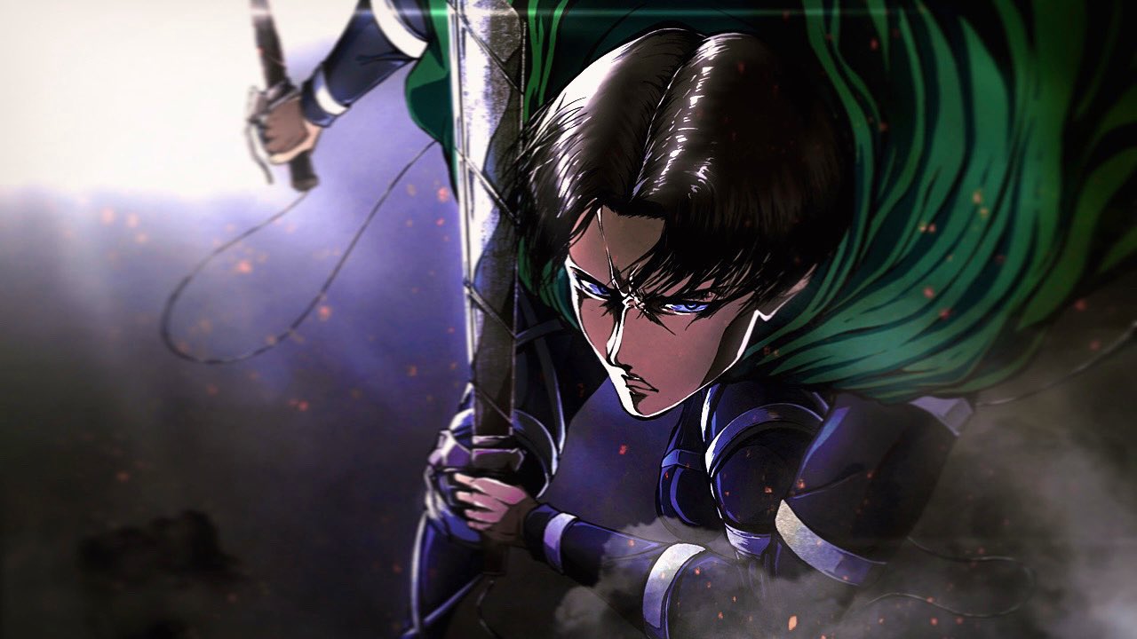 1boy backlighting bangs capelet daisx_(dais0115) dual_wielding embers fighting_stance foreshortening frown full_body green_capelet holding levi_(shingeki_no_kyojin) looking_at_viewer male_focus official_style parted_bangs perspective serious shingeki_no_kyojin shiny shiny_hair short_hair solo wire