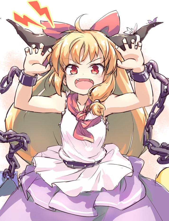 1girl ahoge bow cowboy_shot cuffs eyebrows_visible_through_hair fangs hair_bow hair_bow horn_ornament horn_ribbon horns ibuki_suika isu_(is88) lightning_bolt_symbol long_hair looking_at_viewer low-tied_long_hair metal_belt neckerchief open_mouth orange_hair purple_skirt red_bow red_eyes red_neckerchief ribbon shackles shirt skirt solo standing torn_clothes torn_sleeves touhou v-shaped_eyebrows white_shirt