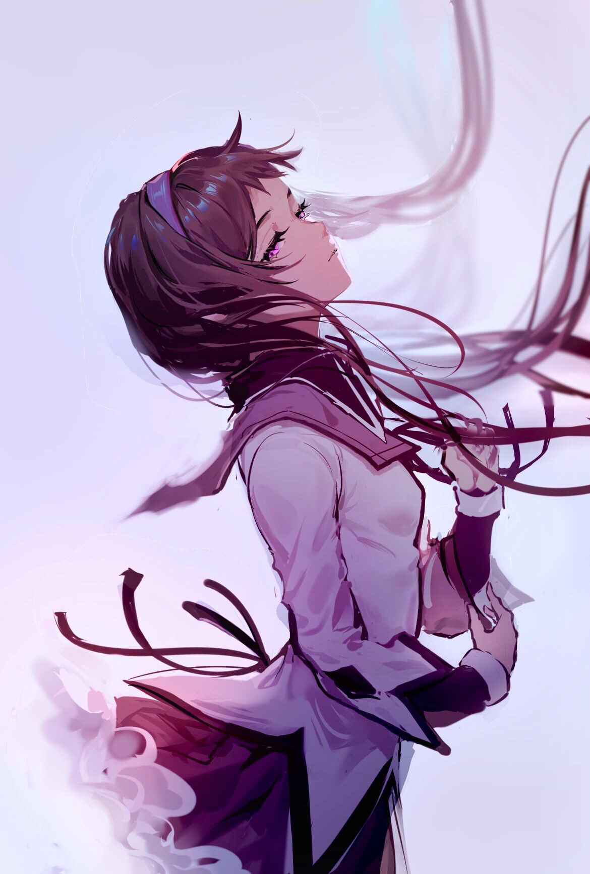 1girl ahivemind akemi_homura black_ribbon brown_hair closed_mouth collared_shirt floating_hair from_side grey_background hairband half-closed_eyes highres long_hair long_sleeves looking_at_viewer looking_to_the_side mahou_shoujo_madoka_magica miniskirt purple_hairband purple_sailor_collar purple_skirt ribbon sailor_collar sailor_shirt shiny shiny_hair shirt skirt solo twintails violet_eyes white_shirt