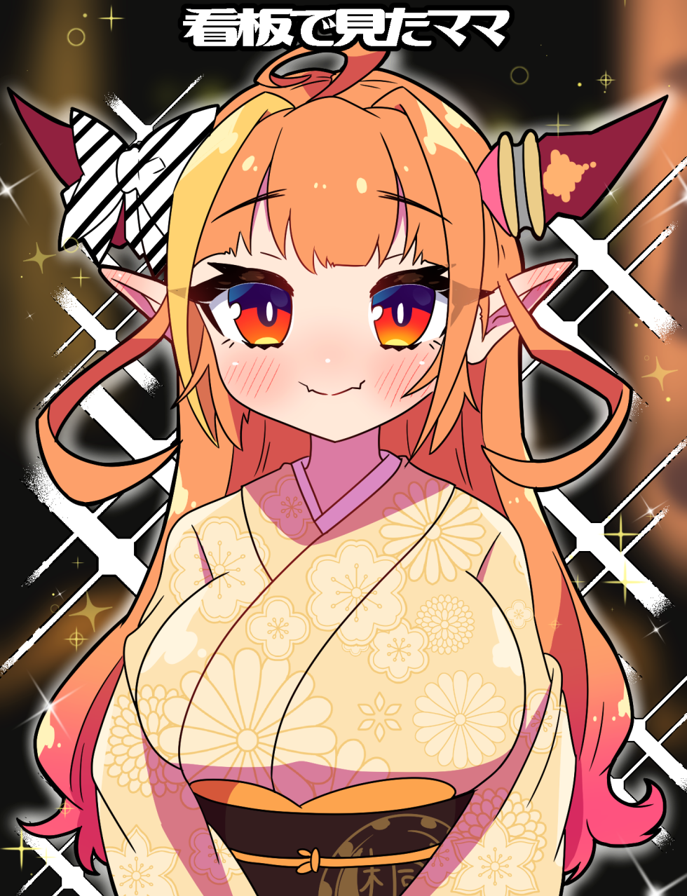 1girl ahoge bow breasts diagonal-striped_bow dragon_girl dragon_horns fangs highres hololive horn_bow horn_ornament horns japanese_clothes kimono kiryu_coco large_breasts looking_at_viewer multicolored_hair obi orange_eyes orange_hair pointy_ears sakuramochi_(sakura_frappe) sash skin_fangs streaked_hair striped striped_bow translation_request upper_body virtual_youtuber