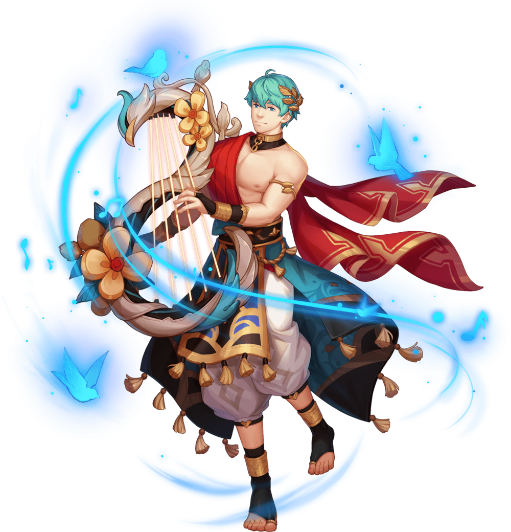 1boy anklet armband bare_pectorals belt biceps bird blue_eyes blue_hair bracelet chain collar flower gany_(gyee) gyee harem_pants harp instrument jewelry laurel_crown loincloth looking_at_viewer male_focus music notes official_art pants pectorals playing_instrument skirt smile solo toga transparent_background