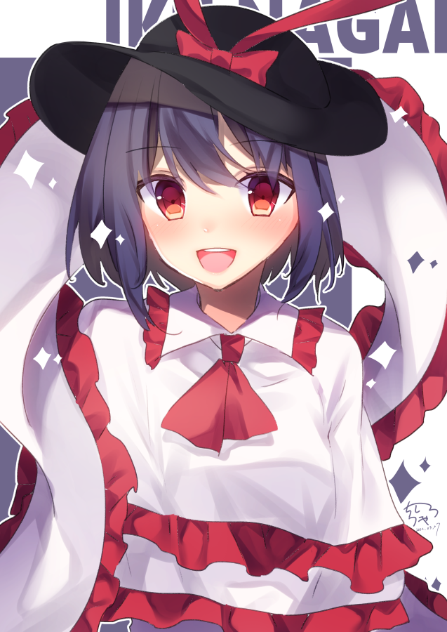 1girl :d ascot black_headwear bow capelet character_name eyebrows_visible_through_hair hat hat_bow looking_at_viewer nagae_iku open_mouth purple_hair red_ascot red_bow red_eyes shawl short_hair signature smile solo star_(symbol) teeth touhou unya_(coco121955) upper_body upper_teeth white_capelet