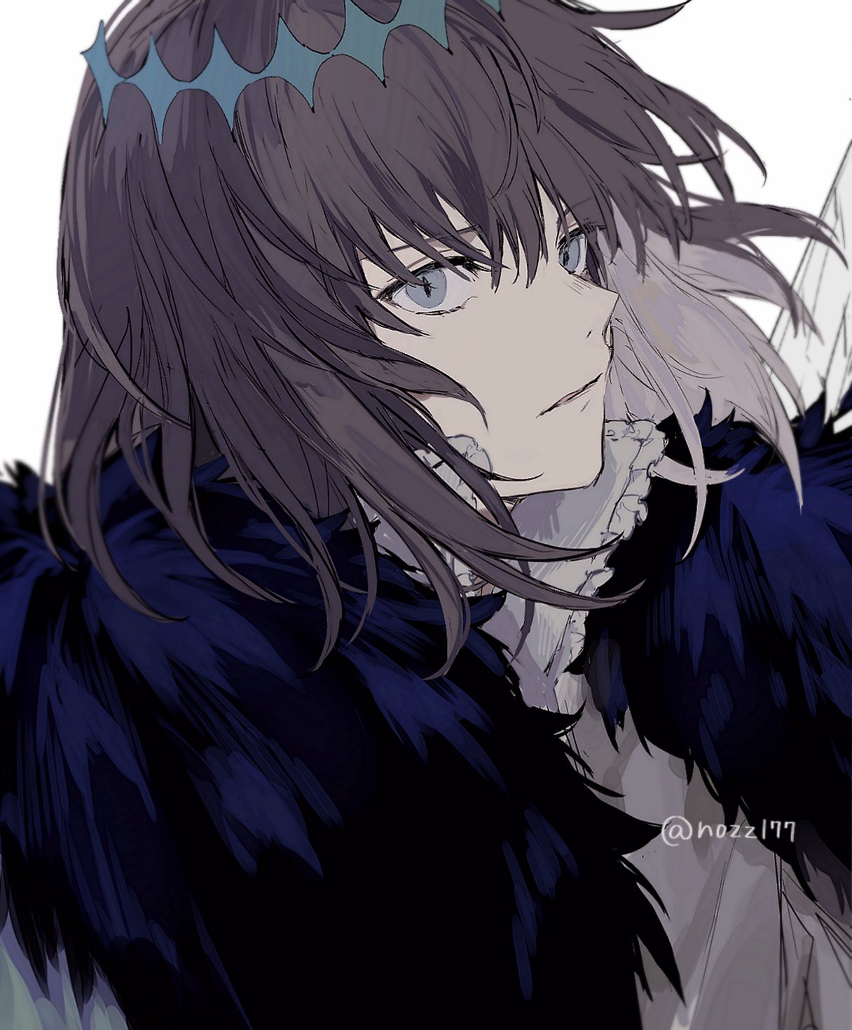1boy alternate_hair_color arthropod_boy bangs black_fur black_hair blue_eyes cape collared_shirt commentary_request crown diamond_hairband expressionless fate/grand_order fate_(series) fur_collar highres insect_wings long_sleeves looking_at_viewer male_focus medium_hair nozz177 oberon_(fate) official_alternate_costume shirt simple_background solo spoilers upper_body white_background white_shirt wings