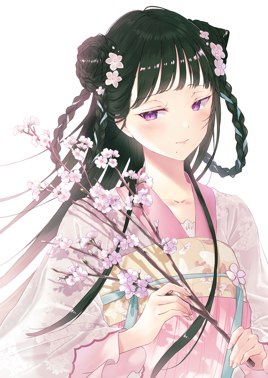 1girl bangs black_hair blunt_bangs blush braid braided_bun braided_tail cherry_blossoms chinese_clothes closed_mouth clothing_request collarbone double_bun flower hair_bun hair_flower hair_ornament hanfu highres kusaka_kou long_hair looking_to_the_side original solo violet_eyes white_background