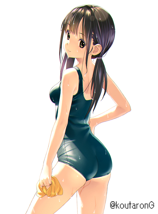 1girl ass bare_arms bare_shoulders black_hair blue_swimsuit breasts brown_eyes closed_mouth commentary_request from_behind holding koutaro long_hair looking_at_viewer looking_back low_twintails medium_breasts old_school_swimsuit original school_swimsuit simple_background smile solo swimsuit twintails twitter_username wet wet_hair white_background