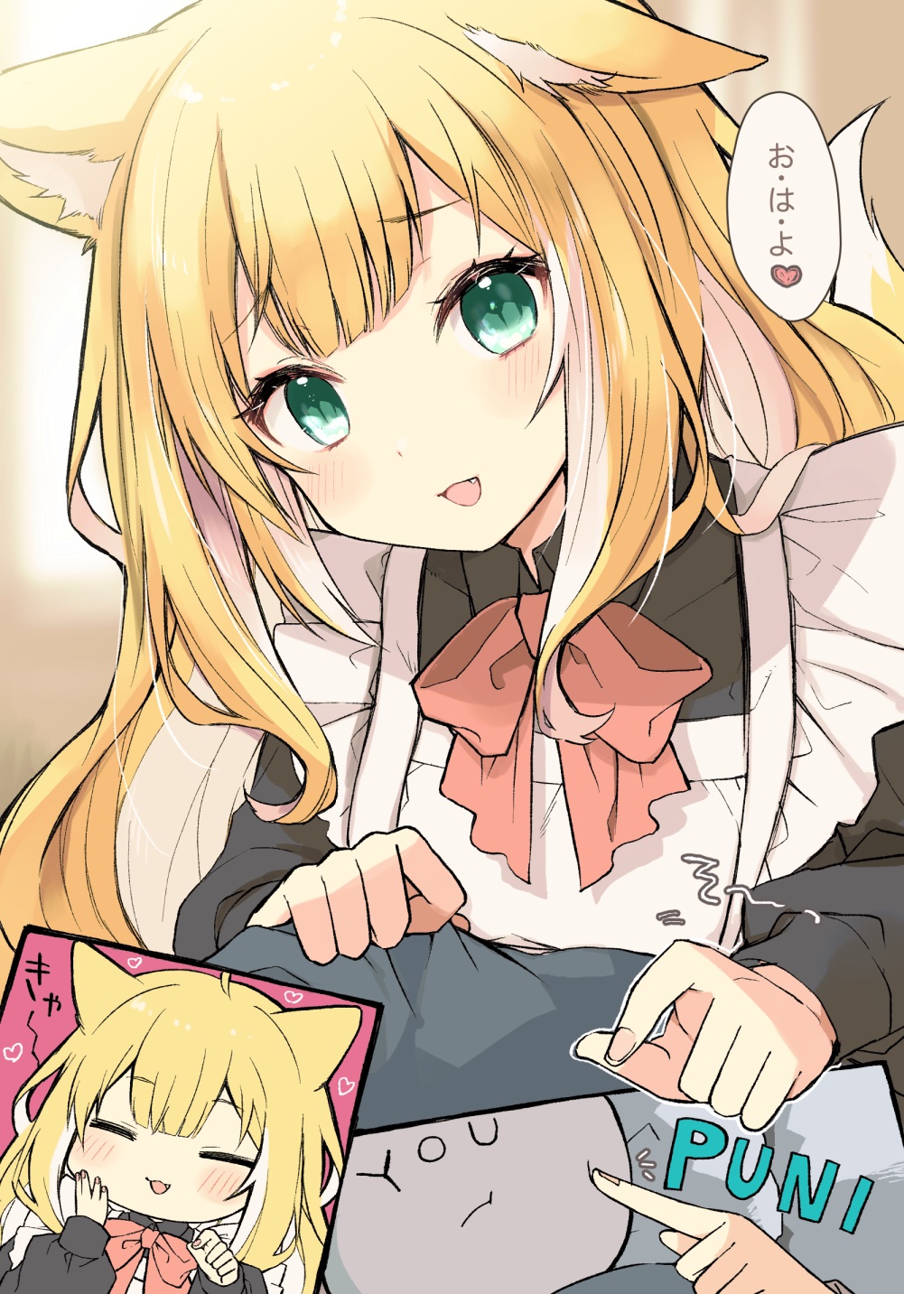 1girl 1other animal_ears apron black_dress blonde_hair bow bowtie cheek_poking closed_eyes commentary_request dress fox_ears fox_girl fox_tail frilled_apron frills fuwafuwa-chan_(kamiyoshi_rika) green_eyes heart highres kamiyoshi_rika long_hair long_sleeves looking_at_viewer maid_apron multicolored_hair open_mouth original poking pov red_bow red_bowtie smile solo_focus speech_bubble streaked_hair tail translated white_apron white_hair
