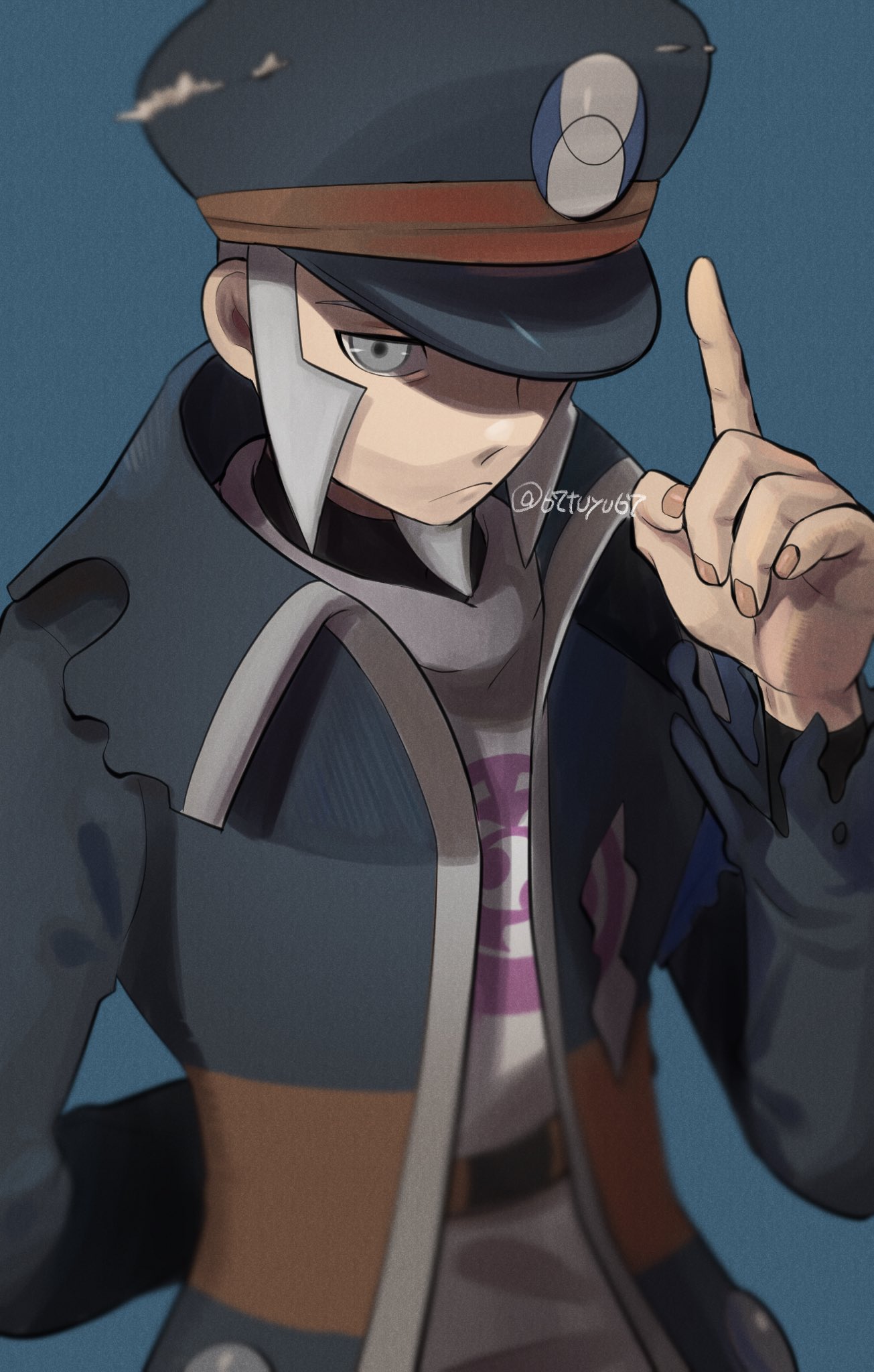 1boy black_coat black_headwear blue_background blurry closed_mouth coat commentary_request frown grey_eyes grey_hair hand_up hat high_collar highres ingo_(pokemon) long_sideburns male_focus peaked_cap pearl_clan_outfit pokemon pokemon_(game) pokemon_legends:_arceus short_hair sideburns simple_background solo trench_coat twitter_username yukifuri_tsuyu