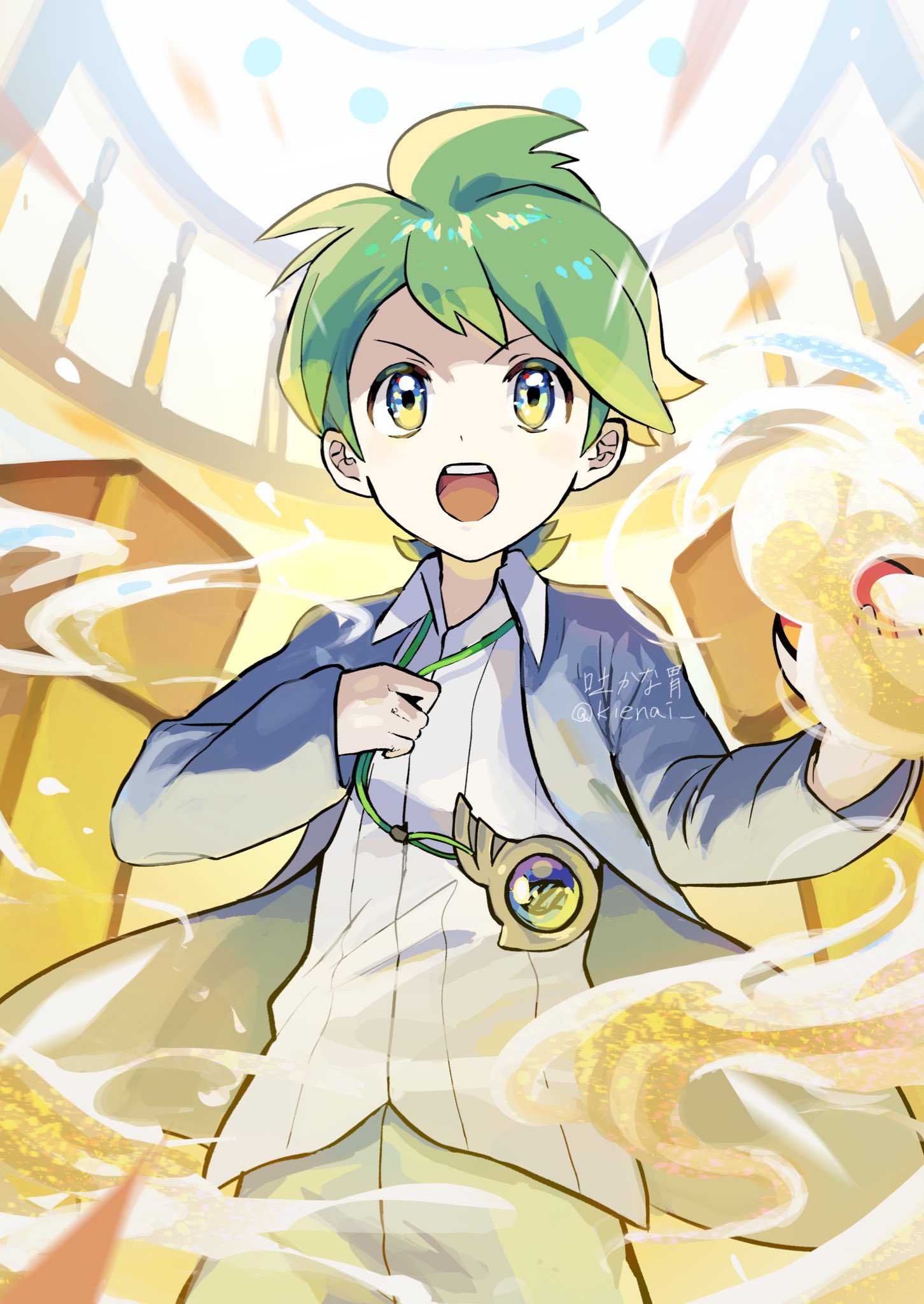 1boy :d bangs cardigan collared_shirt energy green_eyes green_hair grey_cardigan highres holding holding_poke_ball jewelry kienai_11 male_focus necklace open_cardigan open_clothes open_mouth pants poke_ball pokemon pokemon_(game) pokemon_oras shirt short_hair smile solo symbol-only_commentary teeth tongue upper_teeth wally_(pokemon) white_shirt