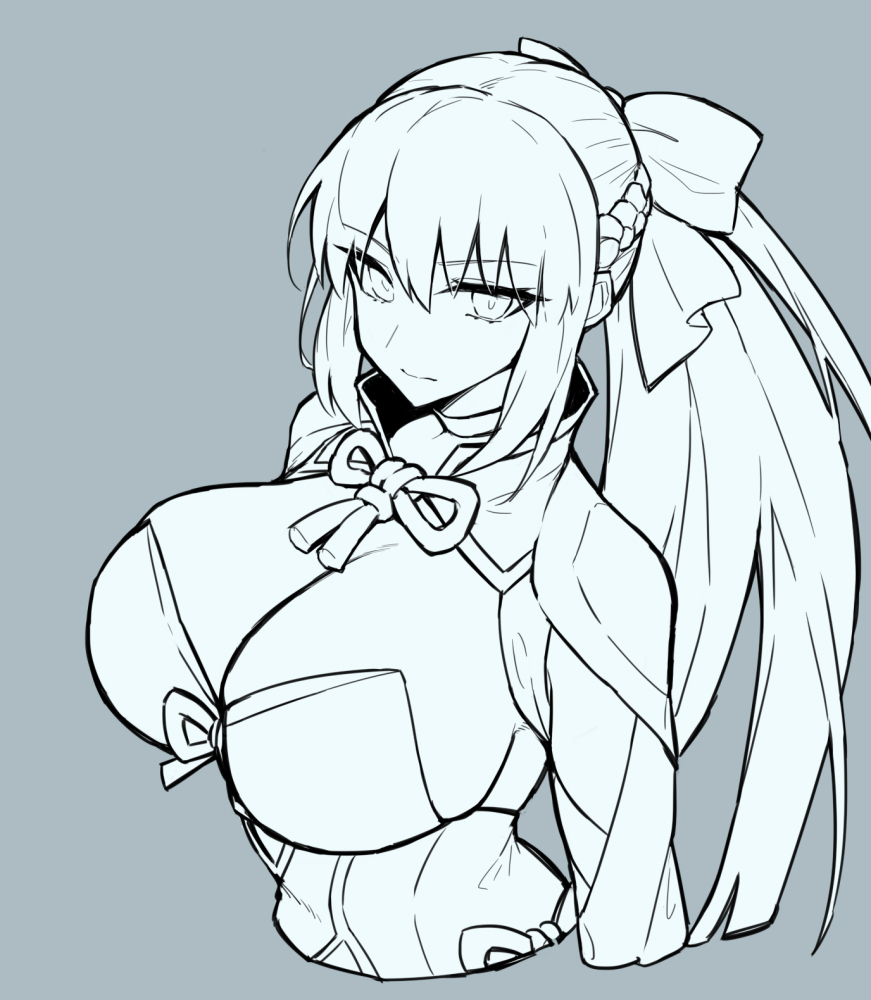 1girl alternate_breast_size bangs bow braid breasts dress eyebrows_visible_through_hair fate/grand_order fate_(series) hair_between_eyes hair_bow large_breasts long_hair looking_at_viewer melon22 monochrome morgan_le_fay_(fate) ponytail revealing_clothes simple_background solo upper_body