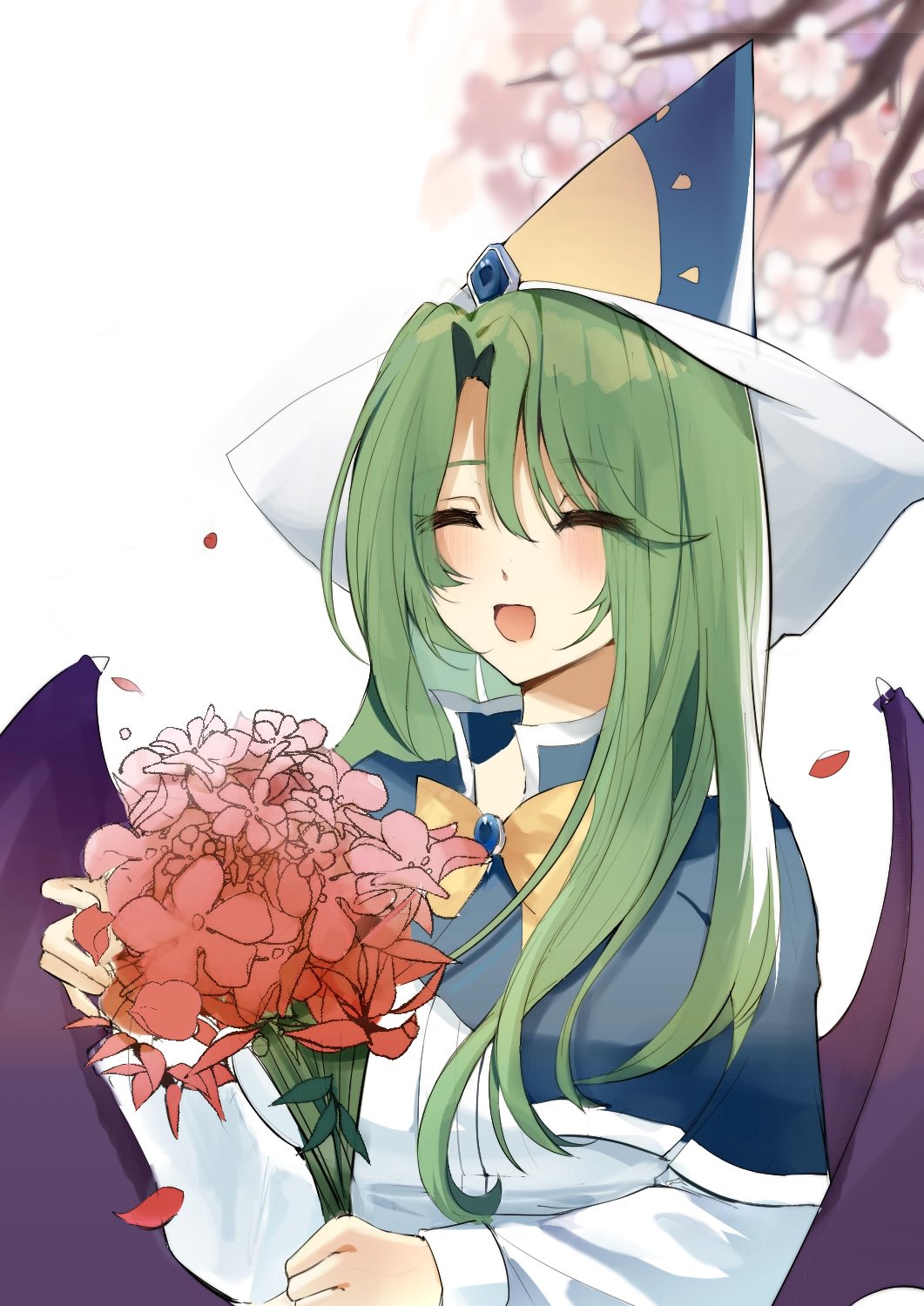 1girl :d bangs bat_wings blue_capelet blue_headwear blush bouquet bow bowtie branch capelet cherry_blossoms closed_eyes commentary_request demon_wings falling_petals flower gem happy hat hat_ribbon highres holding holding_bouquet kuroko_tori long_hair long_sleeves mima_(touhou) open_mouth petals red_flower ribbon shirt sidelocks smile solo sun_print touhou touhou_(pc-98) white_background white_ribbon white_shirt wings witch_hat yellow_bow yellow_bowtie