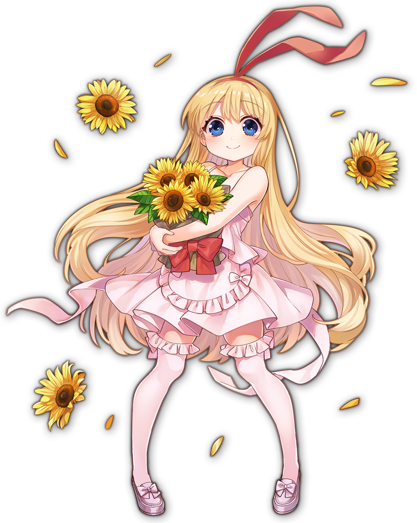 1girl amae_koromo artist_request bag bare_shoulders blonde_hair blue_eyes bouquet bow child dress eyebrows_visible_through_hair flower game_cg holding holding_flower looking_at_viewer mahjong_soul official_art petals pink_dress red_bow saki simple_background smile sunflower thigh-highs third-party_source transparent_background yostar
