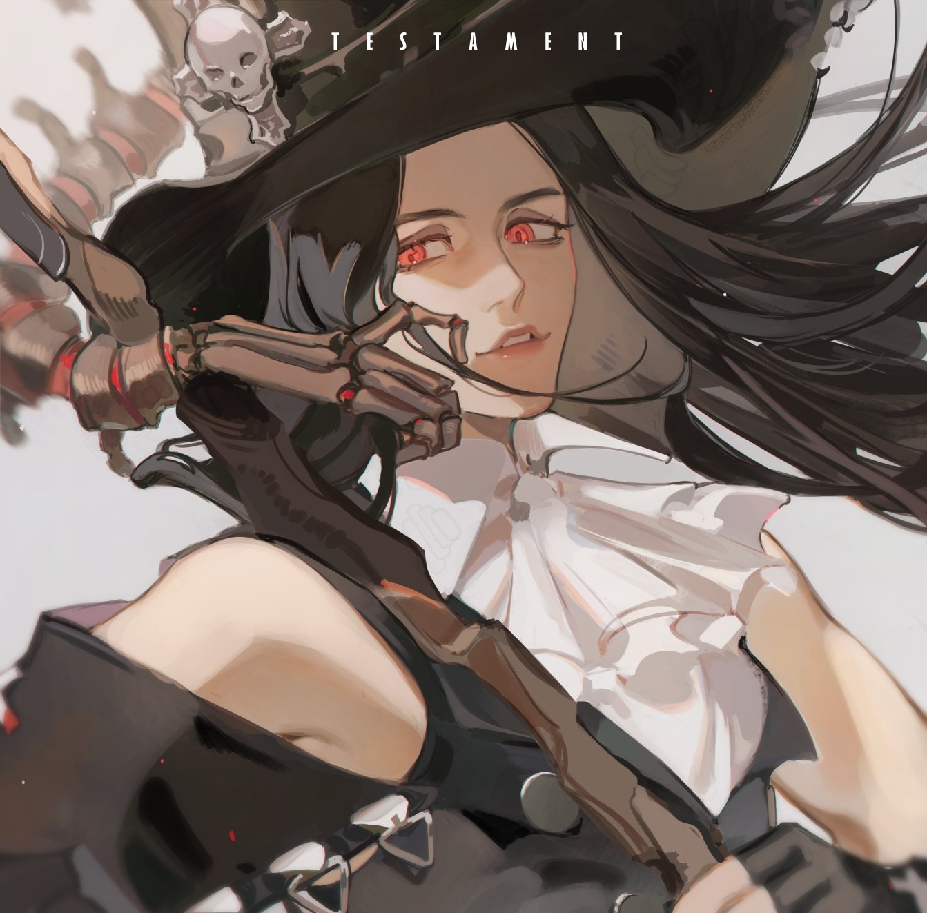 1other ascot black_hair black_headwear buttons fingerless_gloves gloves guilty_gear guilty_gear_strive hat highres lanhacy lips long_hair portrait red_eyes solo_focus straight_hair testament_(guilty_gear) top_hat