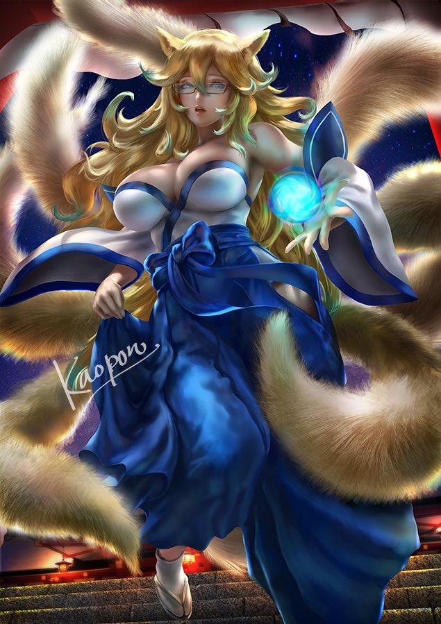 1girl animal_ears bare_shoulders blonde_hair blue_eyes breasts commission detached_sleeves energy_ball fox_ears fox_girl fox_tail glasses hair_between_eyes hakama hip_vent japanese_clothes kaopon kitsune kyuubi large_breasts looking_at_viewer multiple_tails nontraditional_miko original parted_lips skeb_commission solo tabi tail wavy_hair wide_sleeves