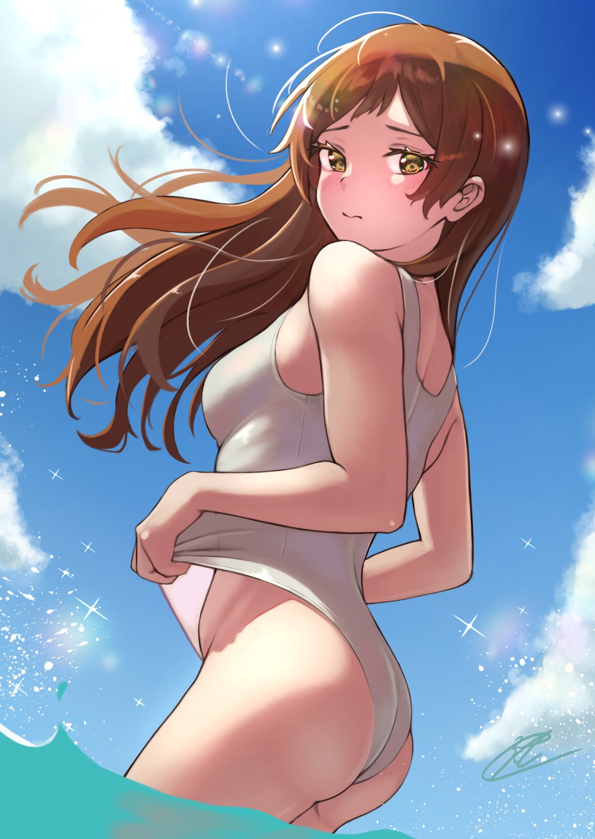 ass back bangs blue_sky blush breasts brown_hair c_(theta) clothes_pull clouds commentary_request cowboy_shot embarrassed eyebrows eyelashes highres idolmaster idolmaster_million_live! kitazawa_shiho long_hair looking_at_viewer looking_back medium_breasts outdoors school_swimsuit sky solo sparkle swimsuit swimsuit_pull thighs water white_swimsuit wind yellow_eyes