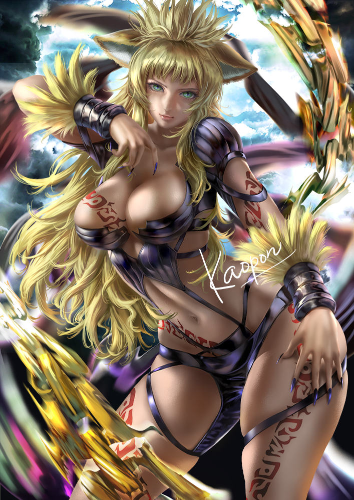 1girl animal_ears aqua_eyes bangs blonde_hair body_markings bracelet breasts chain closed_mouth commission contrapposto eternal_wheel fingernails jewelry kaopon large_breasts light_smile long_fingernails long_hair looking_at_viewer motion_blur navel purple_nails revealing_clothes shoulder_pads skeb_commission skindentation solo very_long_hair