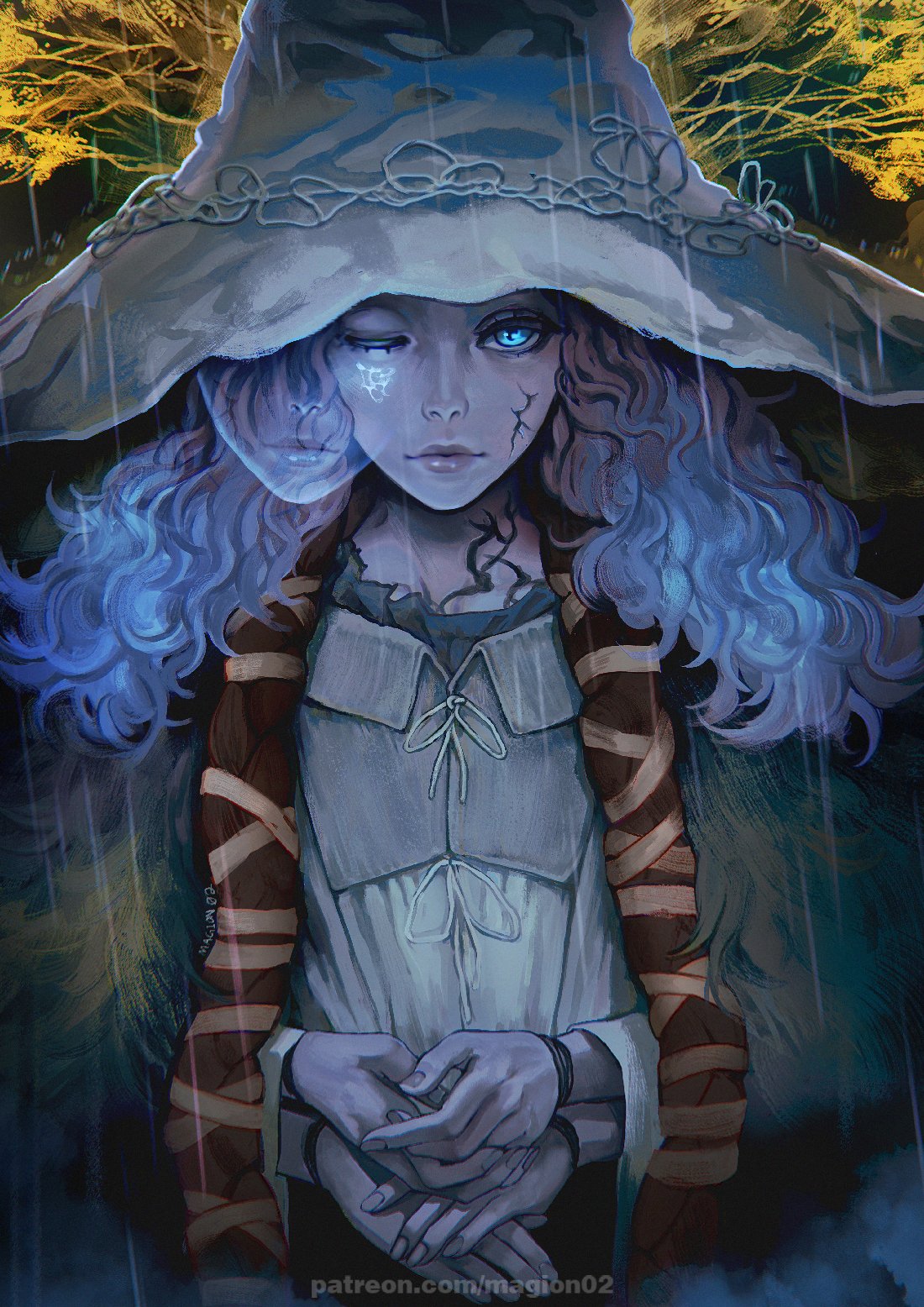 1girl blue_eyes blue_hair blue_skin branch cape cloak colored_skin dress elden_ring extra_arms extra_faces fur_cape fur_cloak hat highres large_hat magion02 one_eye_closed own_hands_together rain ranni_the_witch standing water_drop witch witch_hat